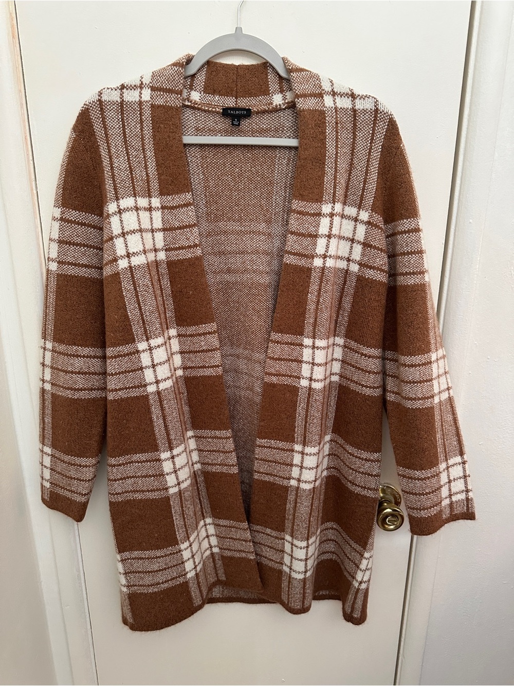 Talbots Tan and Cream Plaid Open-Front Cardigan Sweater